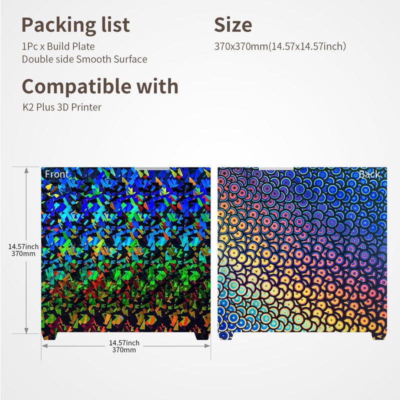 NorthRenda Upgraded 370x370mm Spring Steel Build Plate, Double-Sides Smooth PEC+PEK Sheet Flexible Heated Bed Without Magnetic Base for K2 Plus 3D Printer - Image 2